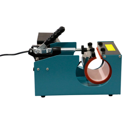 Prensa térmica azul para canecas com alavanca preta e revestimento laranja interno