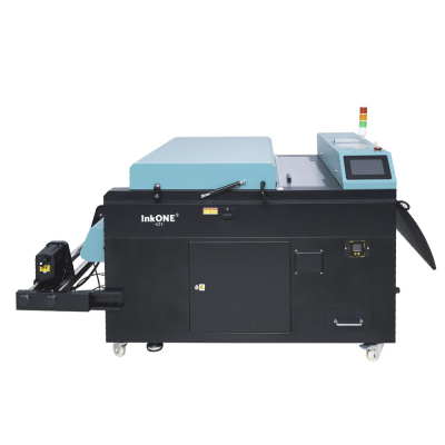 Impressora industrial InkONE GTi preta com tampa azul clara e ecrã digital