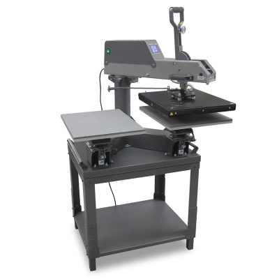 Máquina de estampar preta e cinzenta com duas plataformas e ecrã digital em mesa metálica