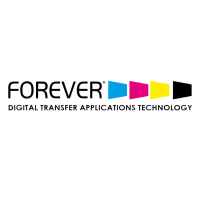 Logótipo da marca FOREVER com texto DIGITAL TRANSFER APPLICATIONS TECHNOLOGY e triângulos coloridos.