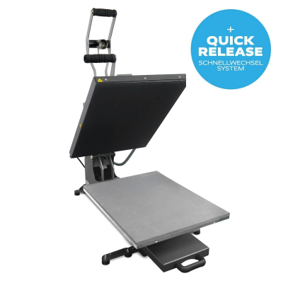 Prensa térmica cinza e preta com alça e texto QUICK RELEASE.