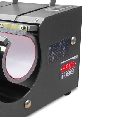 Máquina de tampografia preta com visor digital vermelho PAUS e espaço para copos