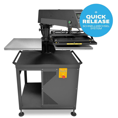 Máquina de serigrafia industrial cinza escuro com painel de controlo e selo QUICK RELEASE