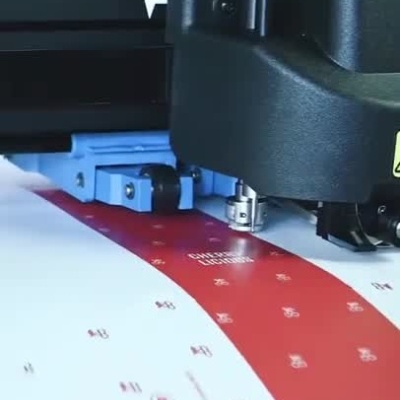 Máquina cortadora de rolos de adesivos em ação