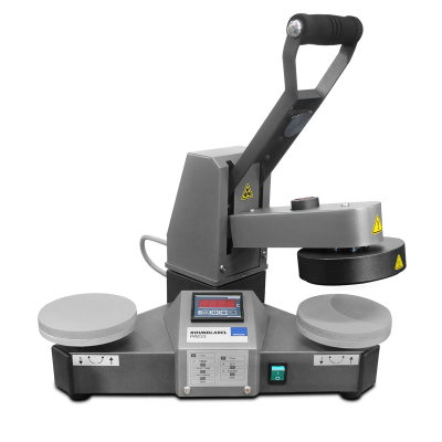 Máquina de prensa térmica cinzenta com visor digital e alça preta