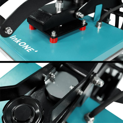 Máquina de prensar com base azul e estrutura preta com parafusos