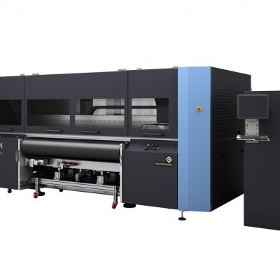 Impressora industrial Epson de grande formato preta e azul