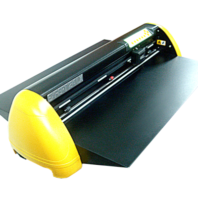 Plotter de recorte preto e amarelo com painel digital e visor iluminado