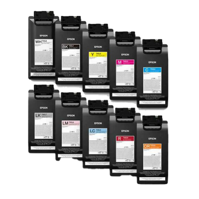 Conjunto de tinteiros Epson de várias cores com etiquetas identificativas.