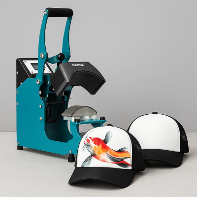 Máquina de impressão azul e preto e dois bonés brancos com preto, um com estampa de peixe colorido.