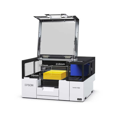 Impressora 3D Epson com tampo transparente aberto e visor digital azul