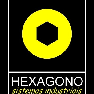 Logótipo com círculo amarelo e hexágono preto, texto HEXAGONO sistemas industriais