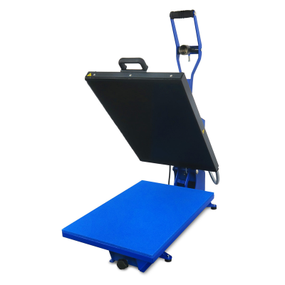 Máquina de prensa térmica azul com almofada inferior e parte superior preta levantada