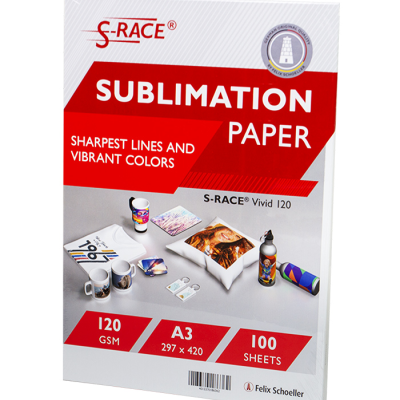 Embalagem de papel para sublimação S-RACE vermelho e branco com especificações e imagens de produtos personalizados.