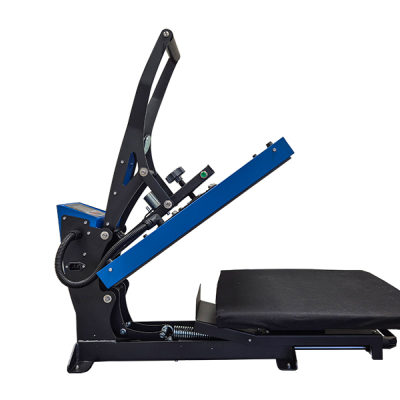 Prensa térmica metálica preta e azul com almofada preta e alavanca para personalização