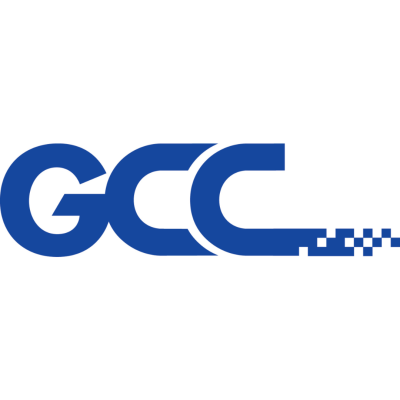 Logótipo azul 'GCC' com padrão pixelado à direita