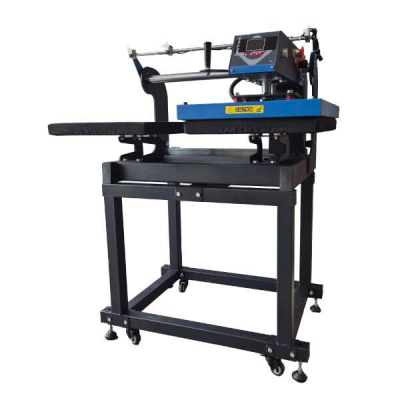 Prensa térmica industrial com painel digital e base móvel preta