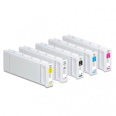 Cinco tinteiros de impressora Epson em branco com etiquetas coloridas