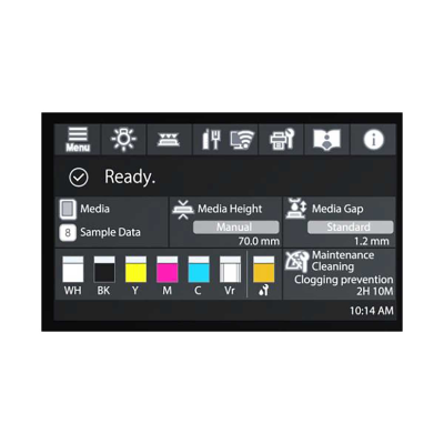 Interface digital com opções de media, cores e manutenção num ecrã escuro