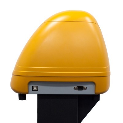 Equipamento eletrônico amarelo com portas USB e serial