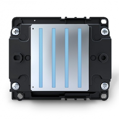 Cabeça de impressão preta com placa metálica e linhas azuis