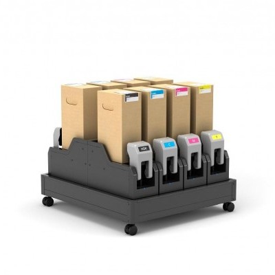 Conjunto de garrafas recicladoras coloridas em caixa de cartão com base preta e rodas.