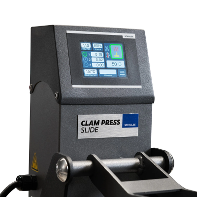 Máquina de prensa industrial cinza com ecrã digital a cores e etiqueta com texto CLAM PRESS SLIDE SCHULZE