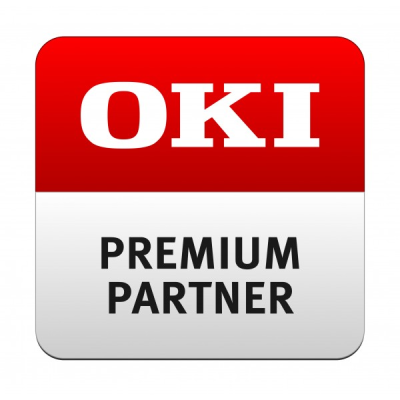 Logótipo quadrado 'OKI PREMIUM PARTNER' com fundo vermelho e branco