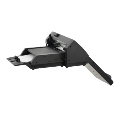 Impressora plana preta com bandeja aberta para papel