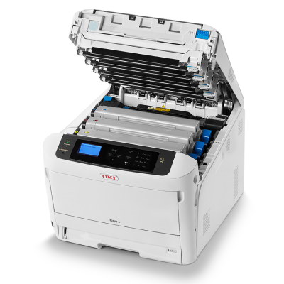 Impressora OKI C834 branca com tampa aberta a mostrar cartuchos coloridos