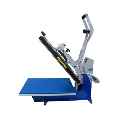 Máquina de prensa térmica azul e metálica com painel de controlo