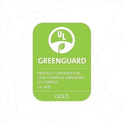 Etiqueta verde com certificação GREENGUARD em branco.