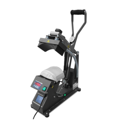 Prensa de caneca preta com painel digital e almofada branca