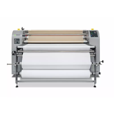 Máquina industrial cinza para laminação com rolos e painel de controlo digital