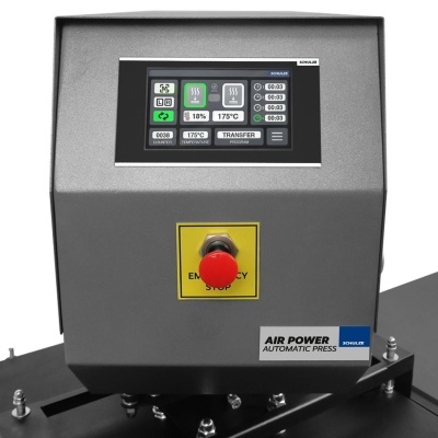 Máquina industrial cinzenta com ecrã digital e botão vermelho de emergência