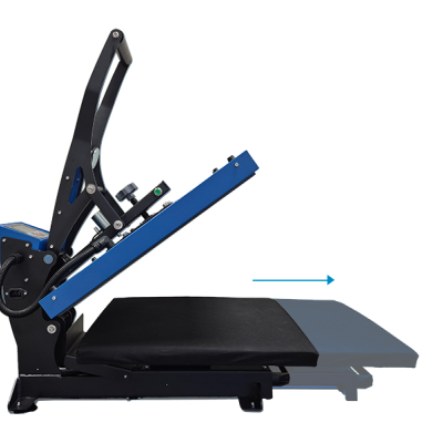 Prensa térmica azul e preta com base deslizante