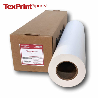 Rolo de papel branco para sublimação ao lado de caixa de cartão com etiqueta TexPrint Sports+