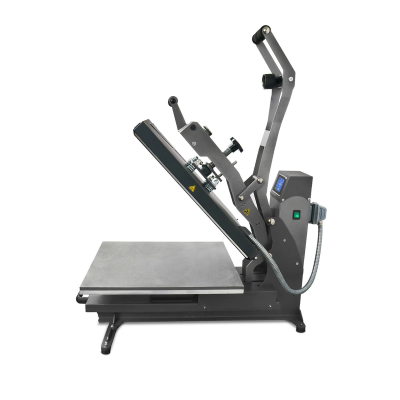 Máquina de prensa térmica preta e cinza com ecrã digital azul