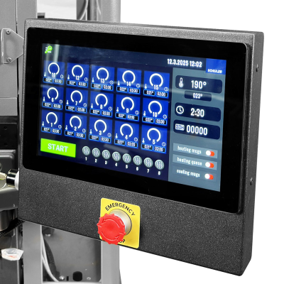 Ecrã tátil de controlo de máquina industrial com botão de emergência vermelho