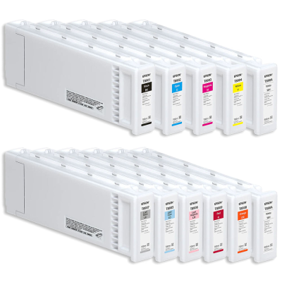 Conjunto de tinteiros Epson coloridos em plástico branco