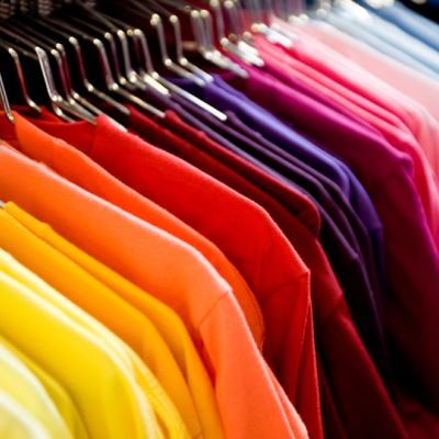 T-shirts coloridas penduradas em cabides numa loja