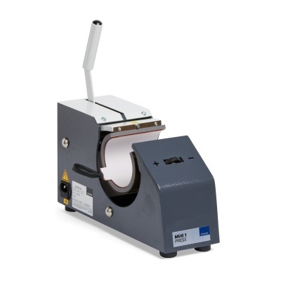 Prensa para canecas metálica cinzenta escura com alavanca branca.