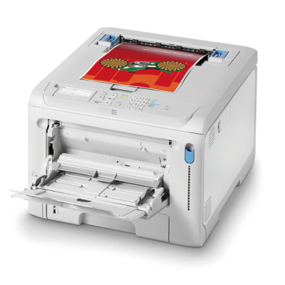 Impressora laser branca a imprimir folha colorida com imagem de carro