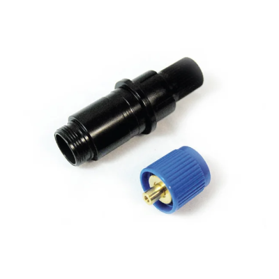 Adaptador de plástico preto com conector azul e metal dourado