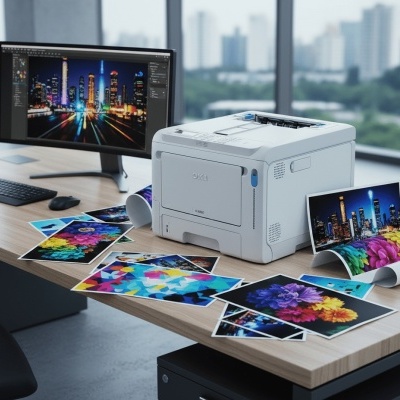 Impressora OKI E3860 branca com impressões coloridas numa mesa de escritório moderna