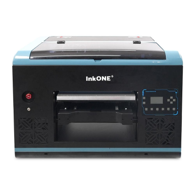 Impressora InkONE preta com detalhes azuis e visor digital