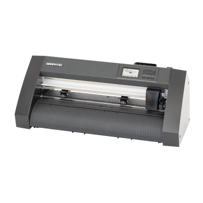 Plotter de corte preto e branco com visor digital e botões no painel