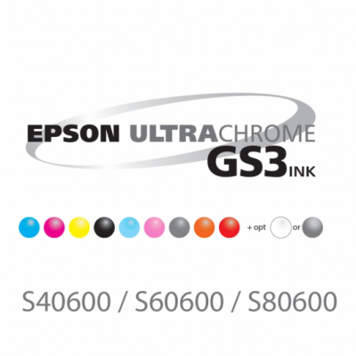 Logótipo Epson UltraChrome GS3 Ink com círculos coloridos e texto