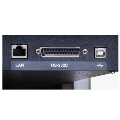 Portas LAN, RS-232C e USB em dispositivo eletrônico preto