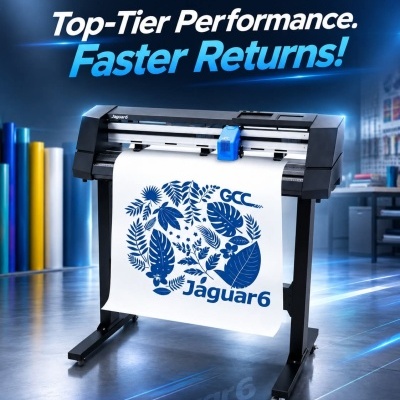 Impressora de grande formato a imprimir papel com design azul.
